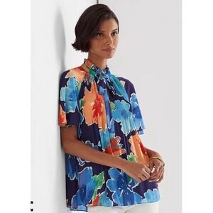 Lauren Ralph Lauren Floral Pleated Crinkle Georgette Top 3X Flutter Sleeve